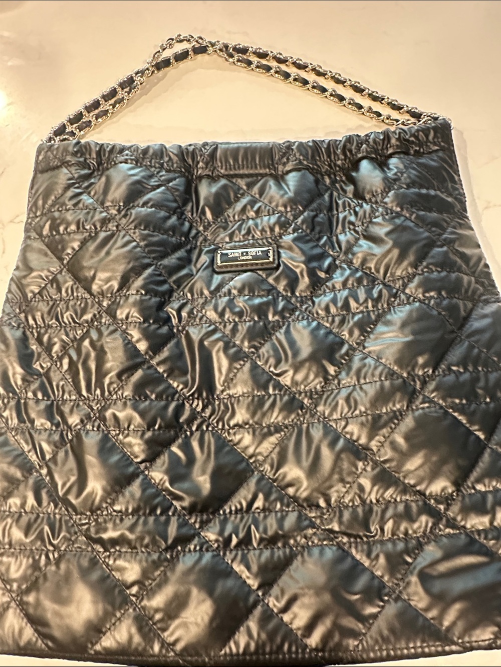 Saint + Sofia  Quilted Black Chain-Handle Satchel